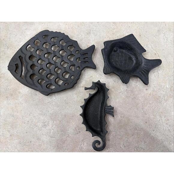 Other - Lot of 3 Cast Iron Trivet & Spoon Rest Fish Seahorse Vintage Cabin Rustic Camp